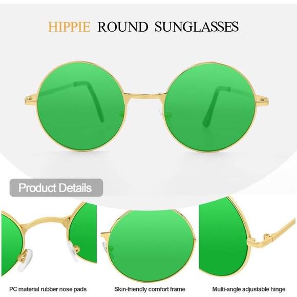 Chrorine Women's Gold Frame Green Lens Hippie Round 70s Retro Sun Glasses - Picture 4 of 6